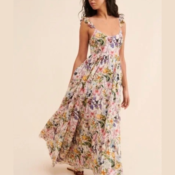 NWT Selkie Penny Lane Butterflies Printed Botanical Maxi Cotton Dress - Picture 2 of 14